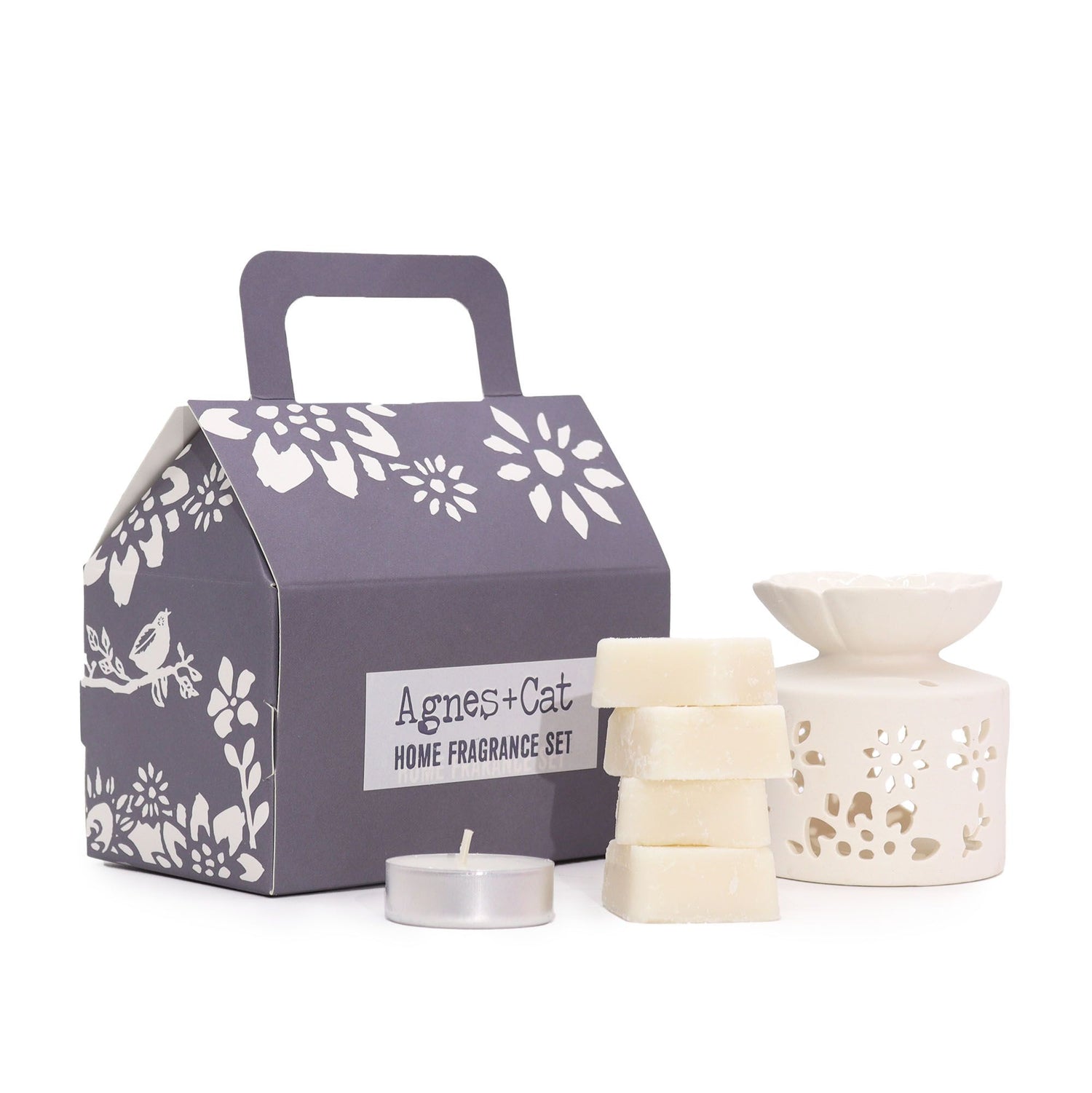 Windermere home fragrance gift set with wax melts, white ceramic oil burner and tealight candle
