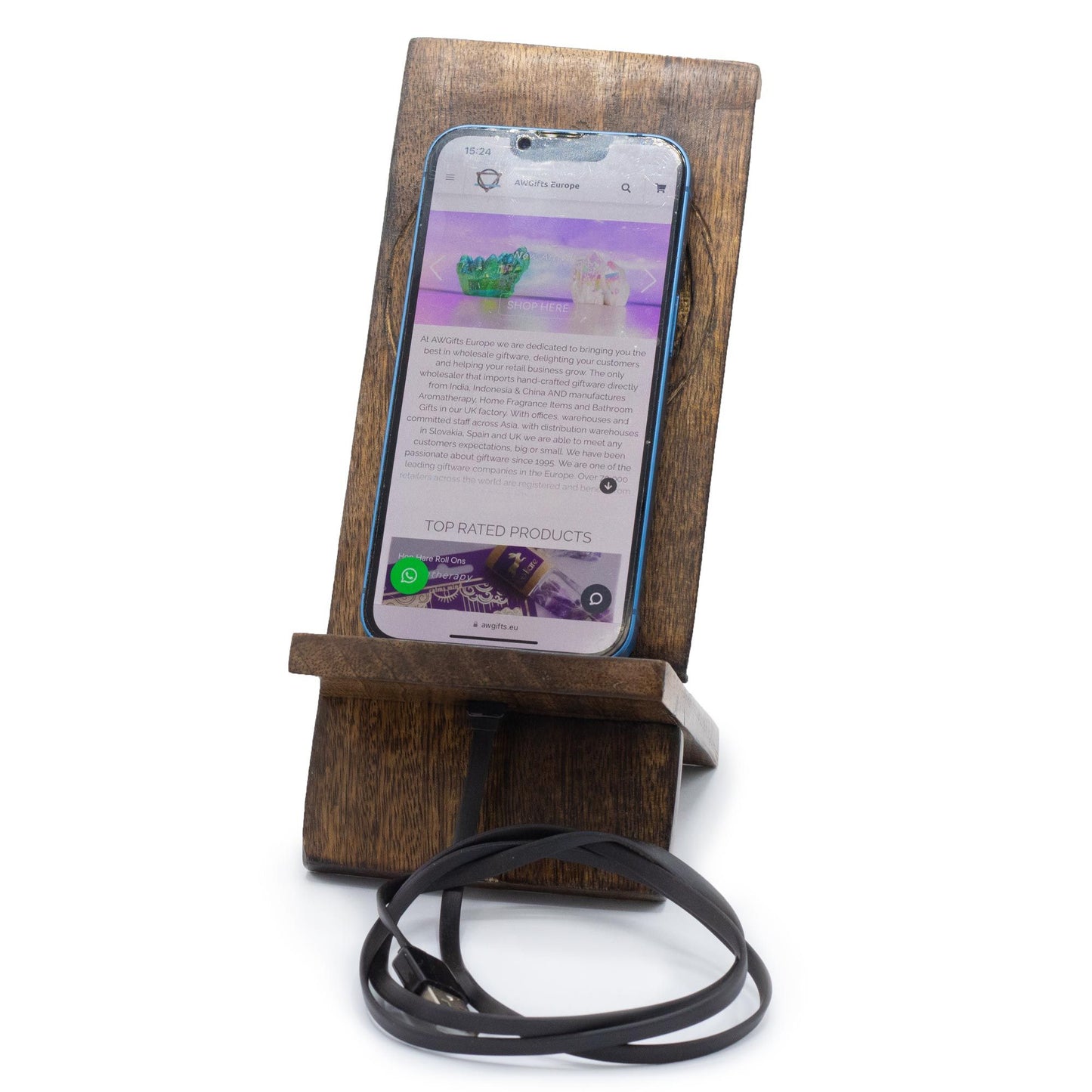Handcarved Buddha wooden phone stand in dark mango wood – L-shaped desk holder with meditating Buddha motif, 20x9.5cm | WoodenLandia