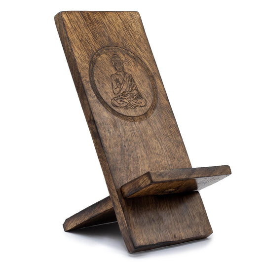 Handcarved Buddha wooden phone stand in dark mango wood – L-shaped desk holder with meditating Buddha motif, 20x9.5cm | WoodenLandia
